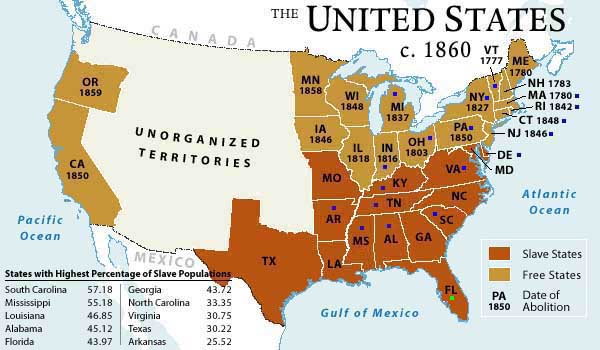 Carte des Etats-Unis en 1860. Etats esclavagistes ou non.